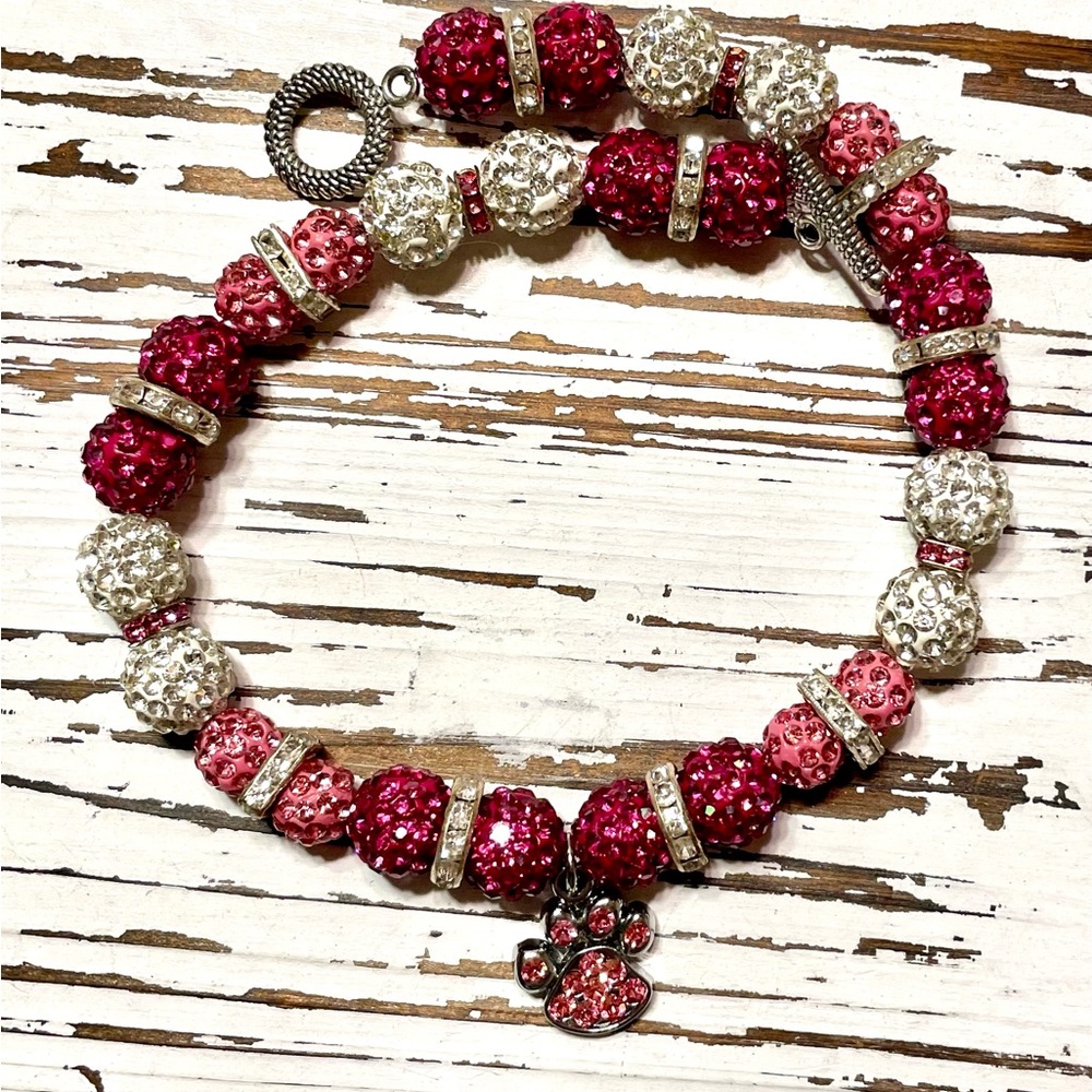 Pink and SilverBeaded Pet Necklace with Paw Charm